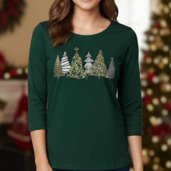 Karen Scott Whimsy Tee Women’s Petite Medium Spruce Night Christmas Trees Stones - Picture 9 of 10